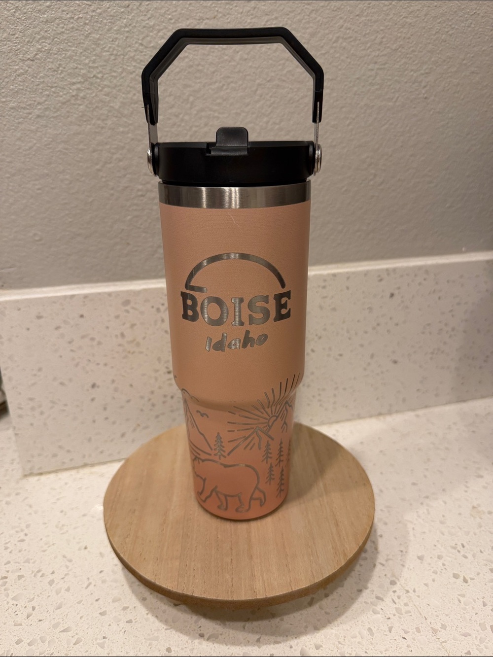 Boise Idaho Freeze Peach Stainless Travel Tumbler with Boise Design NWT Flip Top
